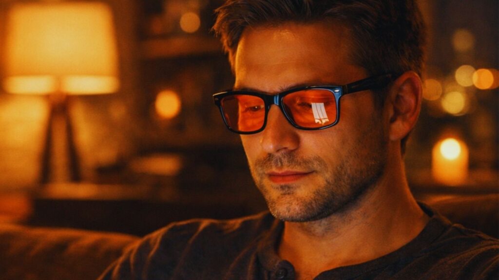 Man wearing orange blue light blocking glasses for nighttime biohacking sleep recovery."