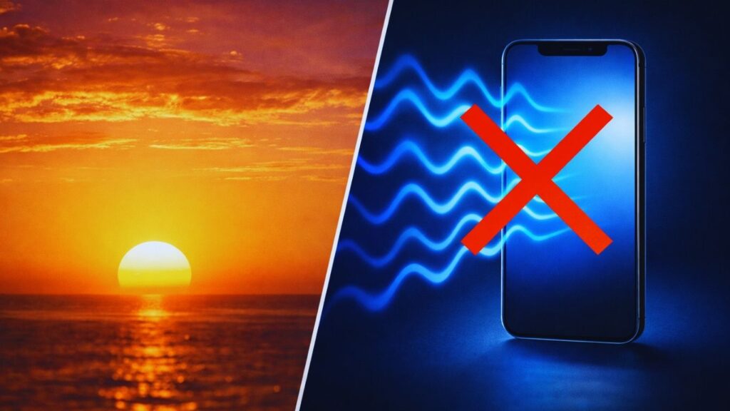 Comparison of natural sunset light versus harmful blue light from smartphone screens
