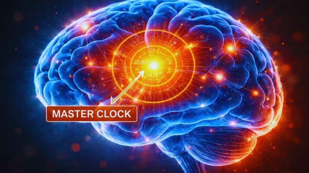 Human brain illustration showing the master clock and circadian rhythm regulation