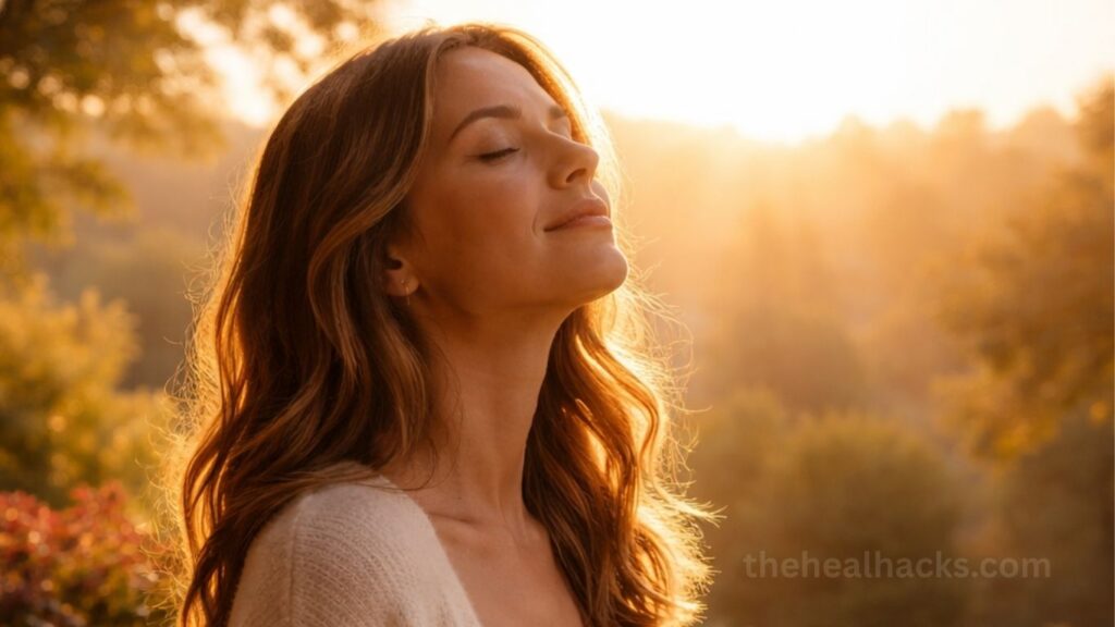 Woman absorbing morning sunlight to reset circadian rhythm and boost energy naturally.