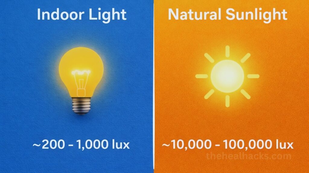 Infographic showing indoor light vs natural sunlight lux levels for biological signaling.