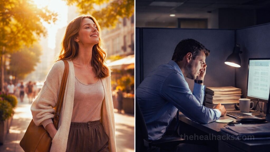 Split screen showing a person walking in sunlight versus a man sitting in a dark office under artificial light.
