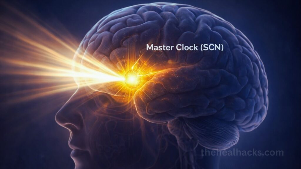 Human brain illustration showing the Master Clock SCN glowing with morning sunlight exposure.