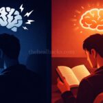 Comparison of blue light from a smartphone causing brain stress versus red light from reading a book promoting calm for better sleep.