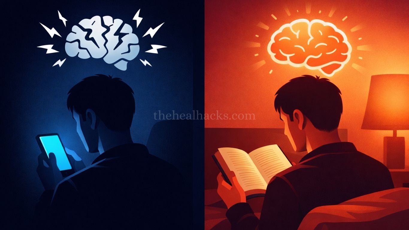Comparison of blue light from a smartphone causing brain stress versus red light from reading a book promoting calm for better sleep.