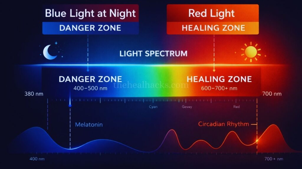Infographic showing the light spectrum with blue light as a danger zone and red light as a healing zone for melatonin production.
