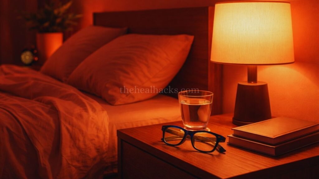 A biohacking bedroom setup featuring red light therapy lamp and blue-light-blocking glasses on a nightstand for improved circadian rhythm.