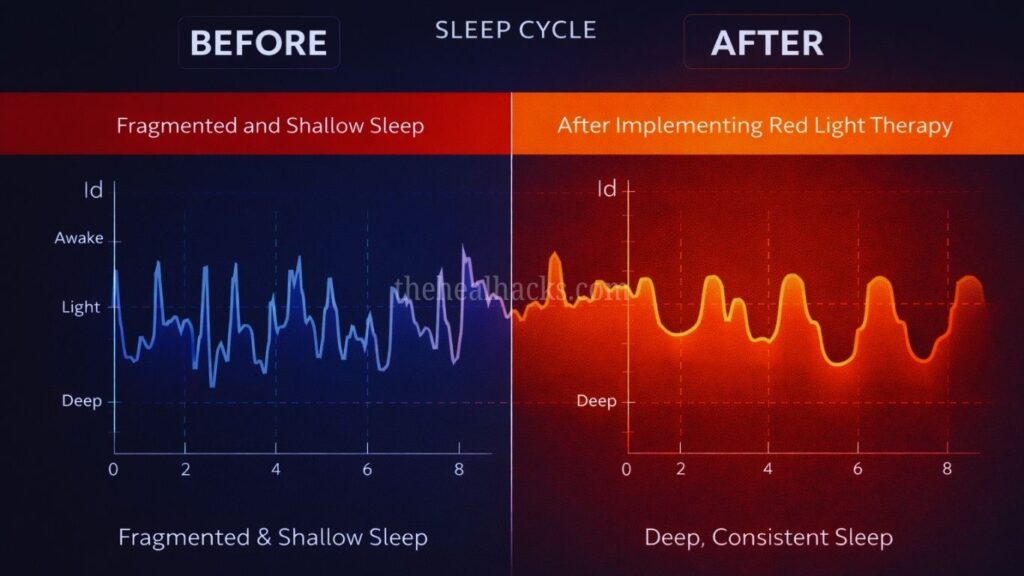 A scientific graph showing the improvement in deep sleep recovery before and after using red light therapy instead of blue light.